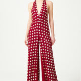 Burgundy Handmade Gold Polka Dot Detailed Silk Chiffon Jumpsuit