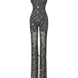 Anthracite Handmade Knitted Sequin Embroidered Halter Neck Jumpsuit