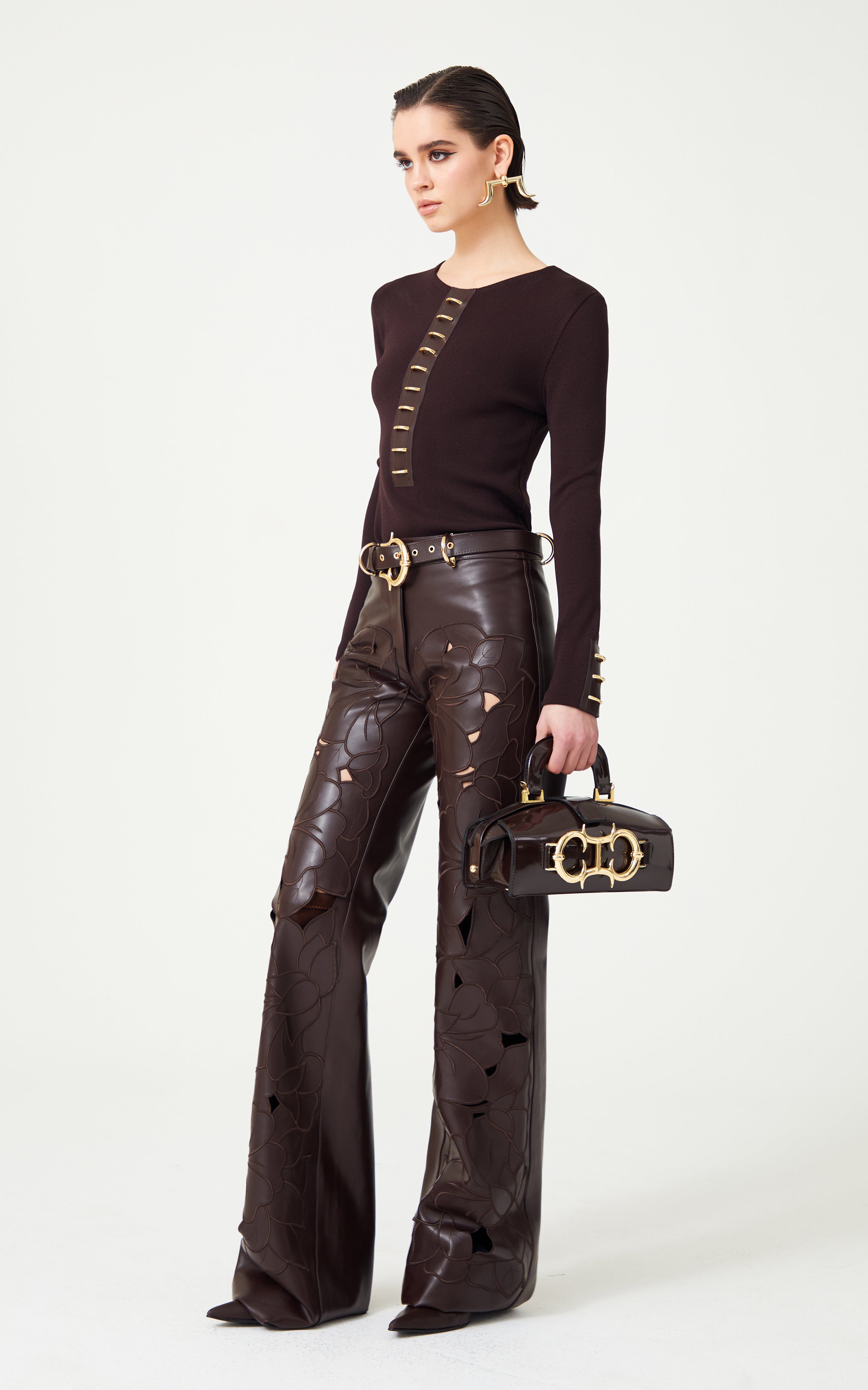 Fully Embroidered Brown Leather Wide Leg Pants – RAISA VANESSA INT