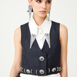 Dark Grey Wool Vest With Metallic Buttons And Piercing Detail