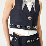 Dark Grey Wool Vest With Metallic Buttons And Piercing Detail