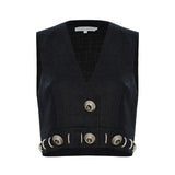 Dark Grey Wool Vest With Metallic Buttons And Piercing Detail