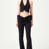 Black Stretchy Flower Detailed Wide Leg Pants