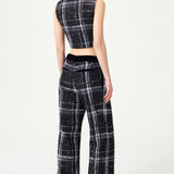 Black & White Plaid Sequin Embellished Tweed Pants