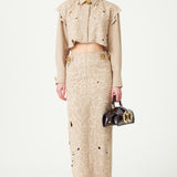 Beige Flower Embroidered Ankle Length Skirt