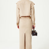 Beige Flower Embroidered Ankle Length Skirt