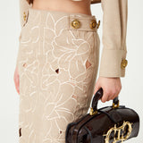 Beige Flower Embroidered Ankle Length Skirt