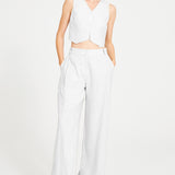 White Linen Pleated Pants With Gold Chain Details