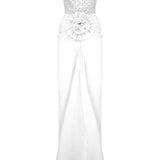 White Strapless Maxi Dress With Embroidery And Flower Details