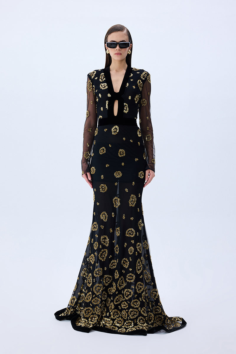 Maxi Dress With Leopard Sequin And Silk Velvet Detail – RAISA VANESSA INT