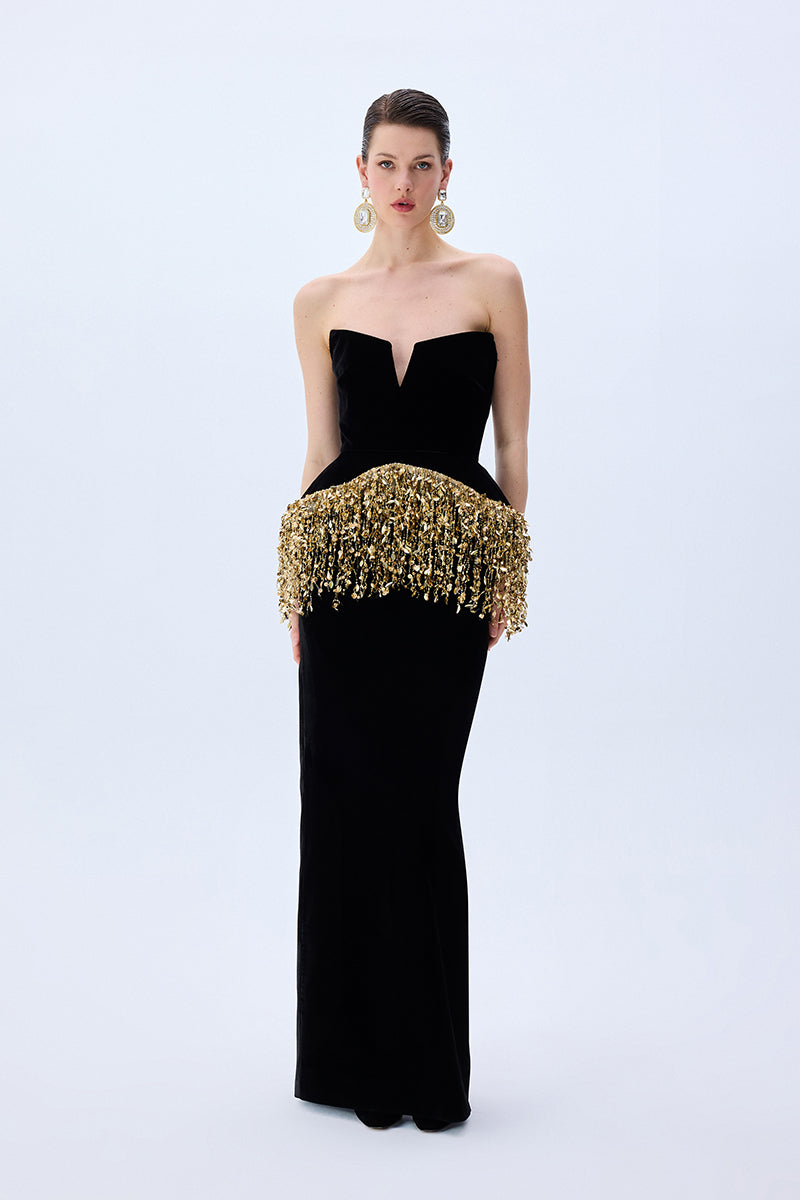 Black Silk Velvet Corseted Gown With Gold Pailette Fringes RAISA VANESSA INT Black Silk Velvet Corseted Gown With Gold Pailette Fringes RAISA VANESSA INT
