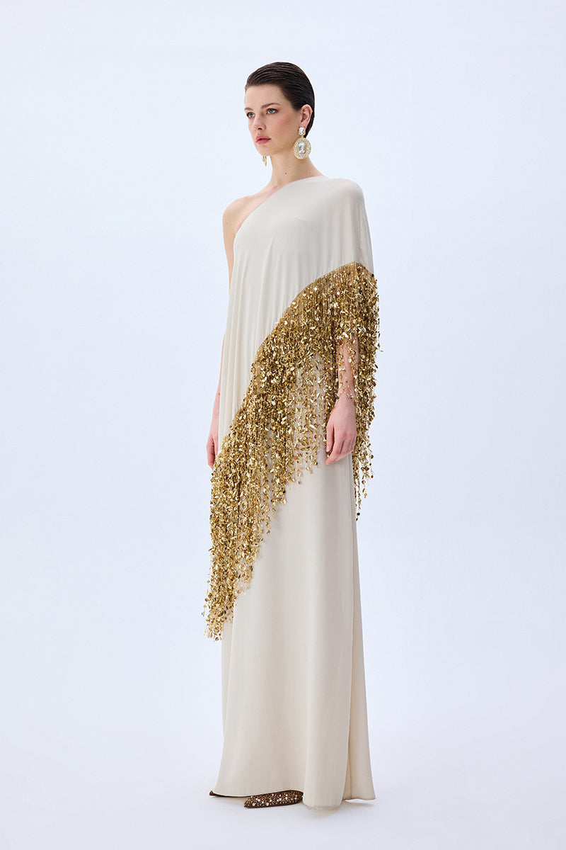 slim fit dress slacks Pleated Chiffon Gown with Metallic Embroidery main image 1