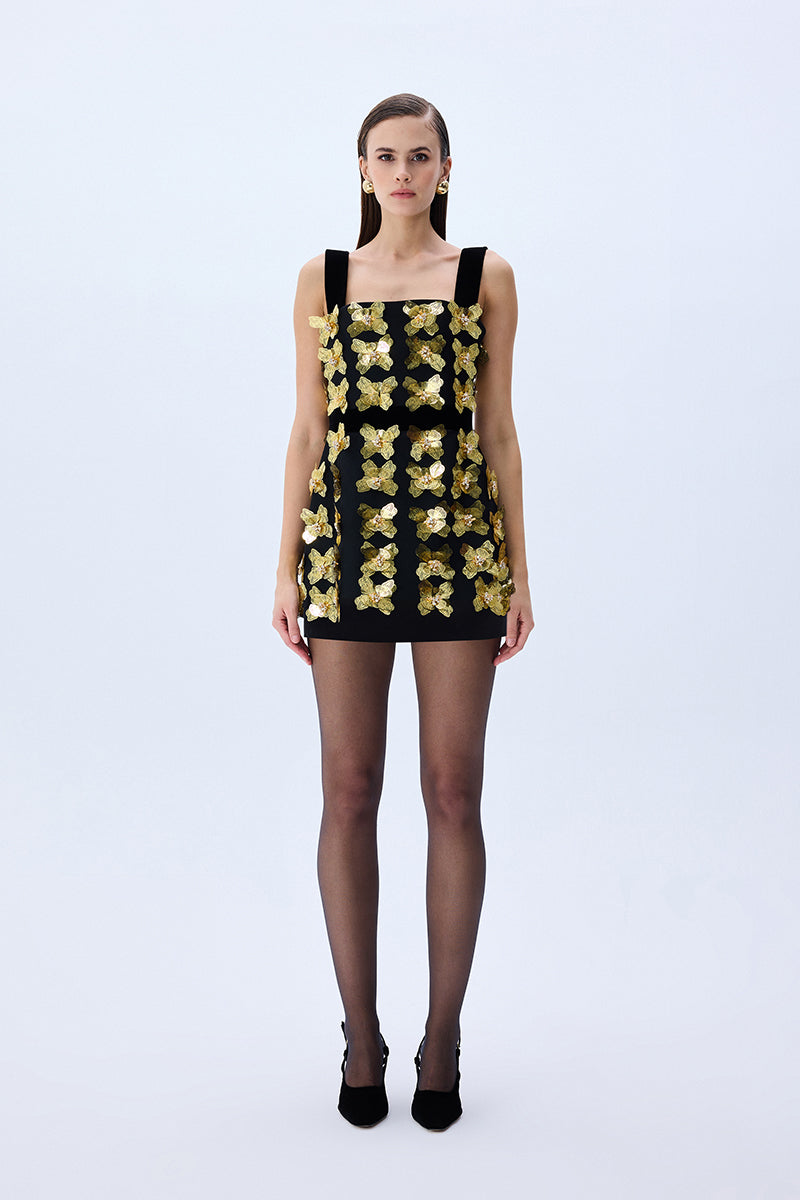 3D Gold Flower Embellished Mini Dress With Black Velvet Detail RAISA VANESSA INT 3D Gold Flower Embellished Mini Dress With Black Velvet Detail RAISA VANESSA INT