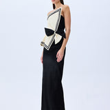 Cream Shantung Corseted Black Satin Dress With Crystal Border