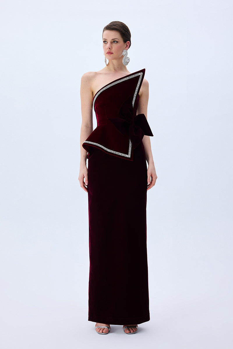 Burgundy Silk Velvet Corseted Architectural Dress With Crystal Border RAISA VANESSA INT Burgundy Silk Velvet Corseted Architectural Dress With Crystal Border RAISA VANESSA INT