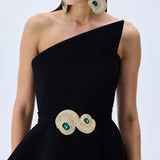 Black Crepe Corseted Architectural Midi Dress With Crystal Belt