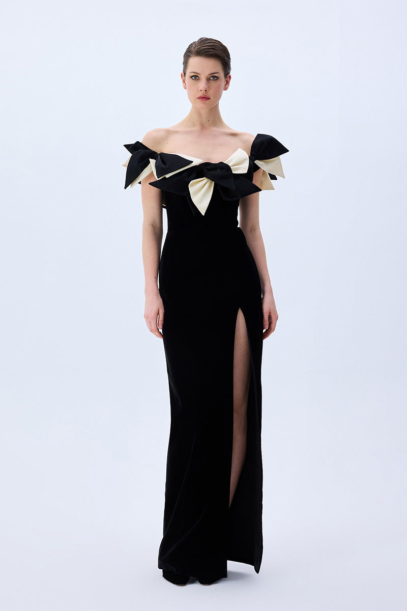 black bow off the shoulder dress Black Satin Dress With Bow Detail – RAISA VANESSA INT
