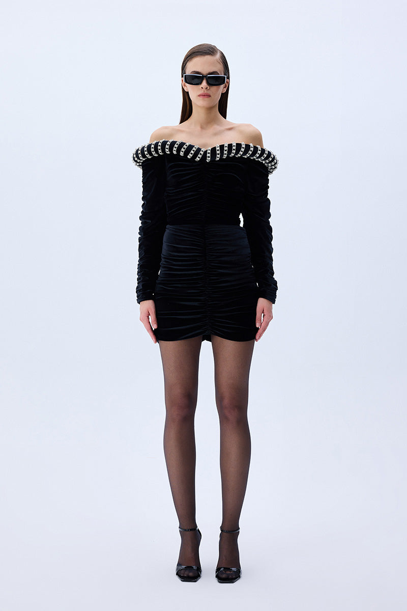 puff sleeve crepe mini dress Black Crepe Mini Dress With Crystal Rope Bustline – RAISA VANESSA INT