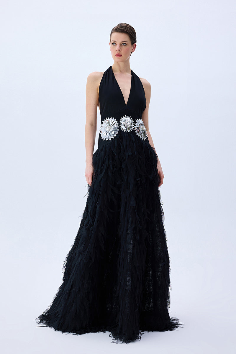Black Maxi Dress With Laser Cut Chiffon Skirt And Patent Flower Detail –  RAISA VANESSA INT