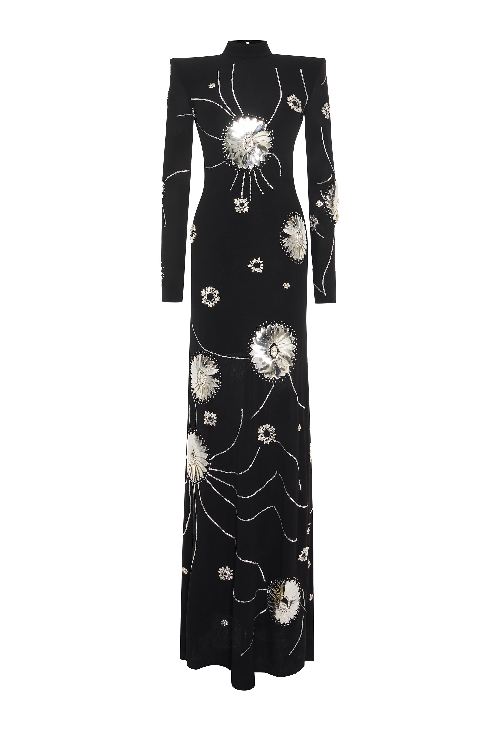 Black Sequined Jersey Maxi Dress With Patent Flowers And Big Shoulders   RAISA VANESSA INT