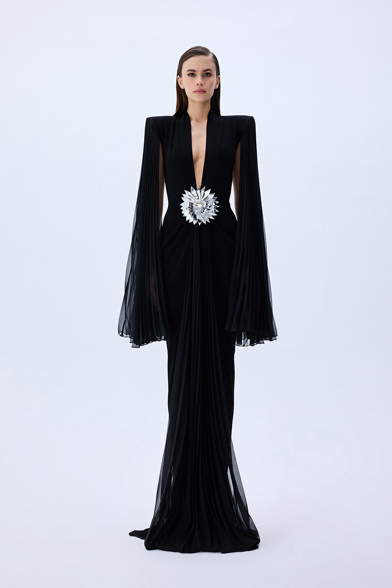 Black Jersey Dress With Patent Flower Belt Detail And Pleated Chiffon RAISA VANESSA INT Black Jersey Dress With Patent Flower Belt Detail And Pleated Chiffon RAISA VANESSA INT