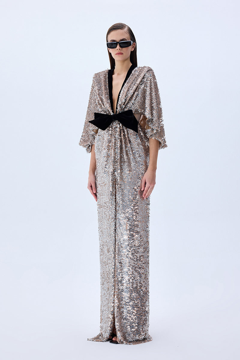 Silver Sequined Maxi Dress With Black Velvet Bow RAISA VANESSA INT Silver Sequined Maxi Dress With Black Velvet Bow RAISA VANESSA INT