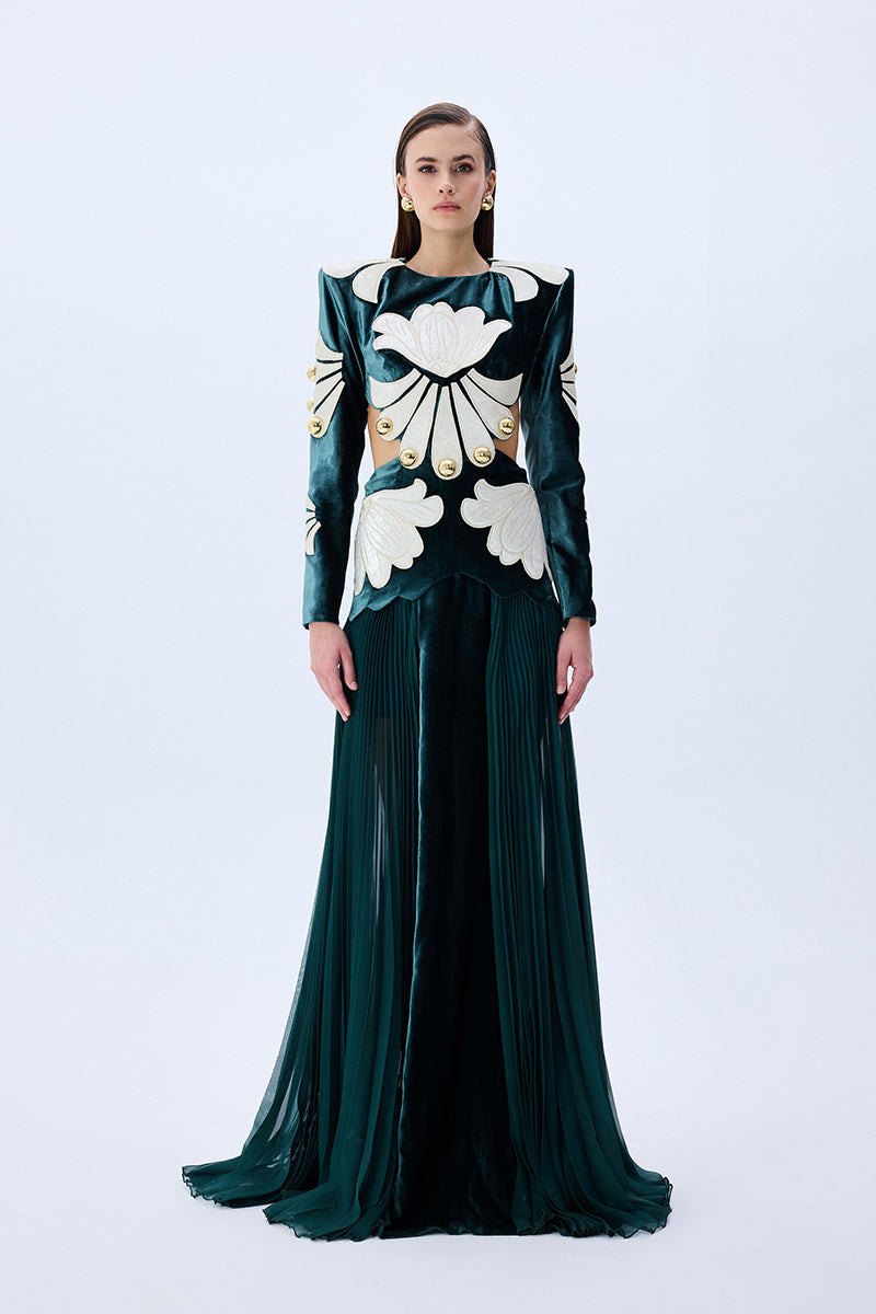 Green Velvet Maxi Dress With White Velvet Embroidery And Gold Buttons RAISA VANESSA INT Green Velvet Maxi Dress With White Velvet Embroidery And Gold Buttons RAISA VANESSA INT