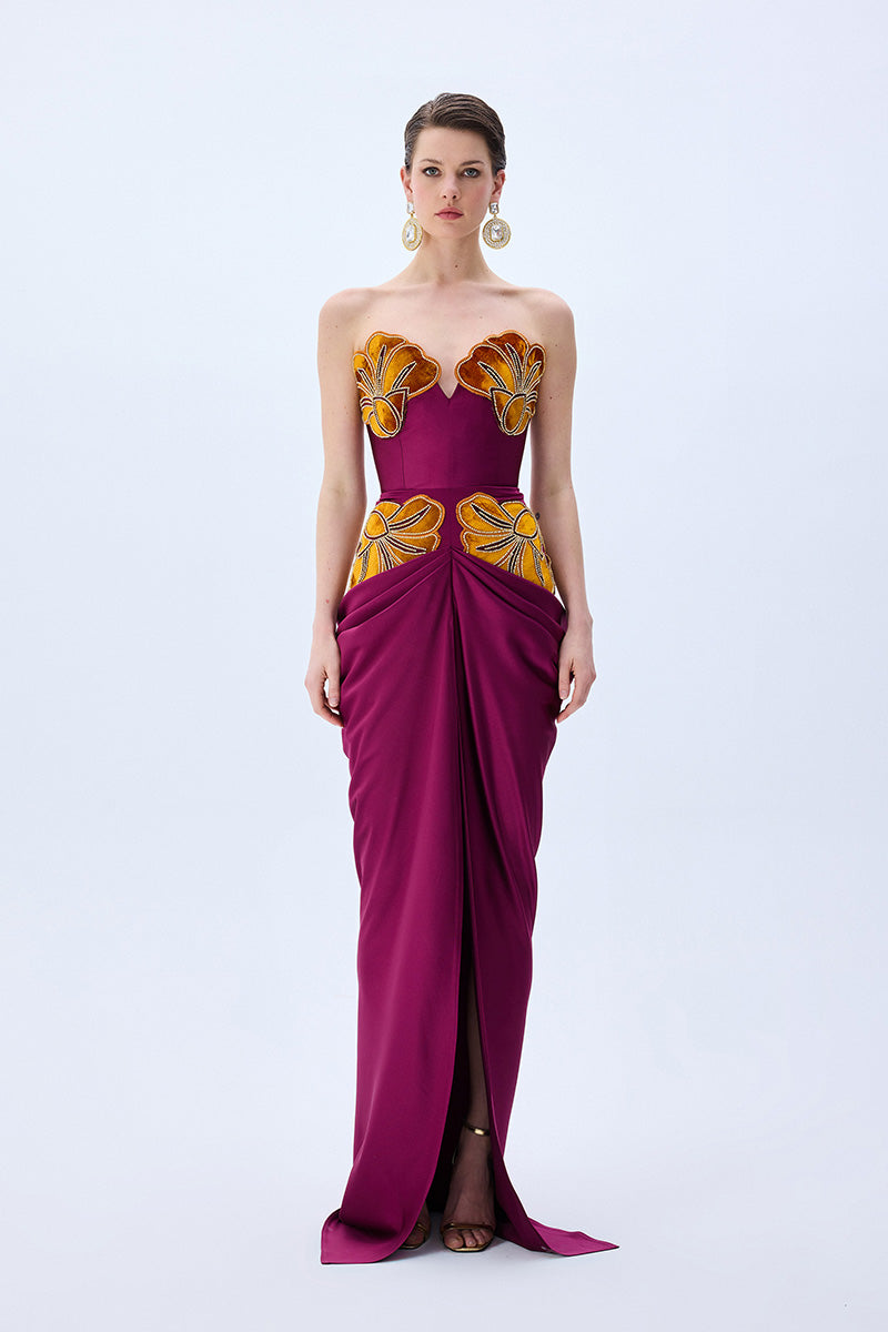 Burgundy Strapless Satin Gown With Orange Velvet Flower Embroidery – RAISA  VANESSA INT
