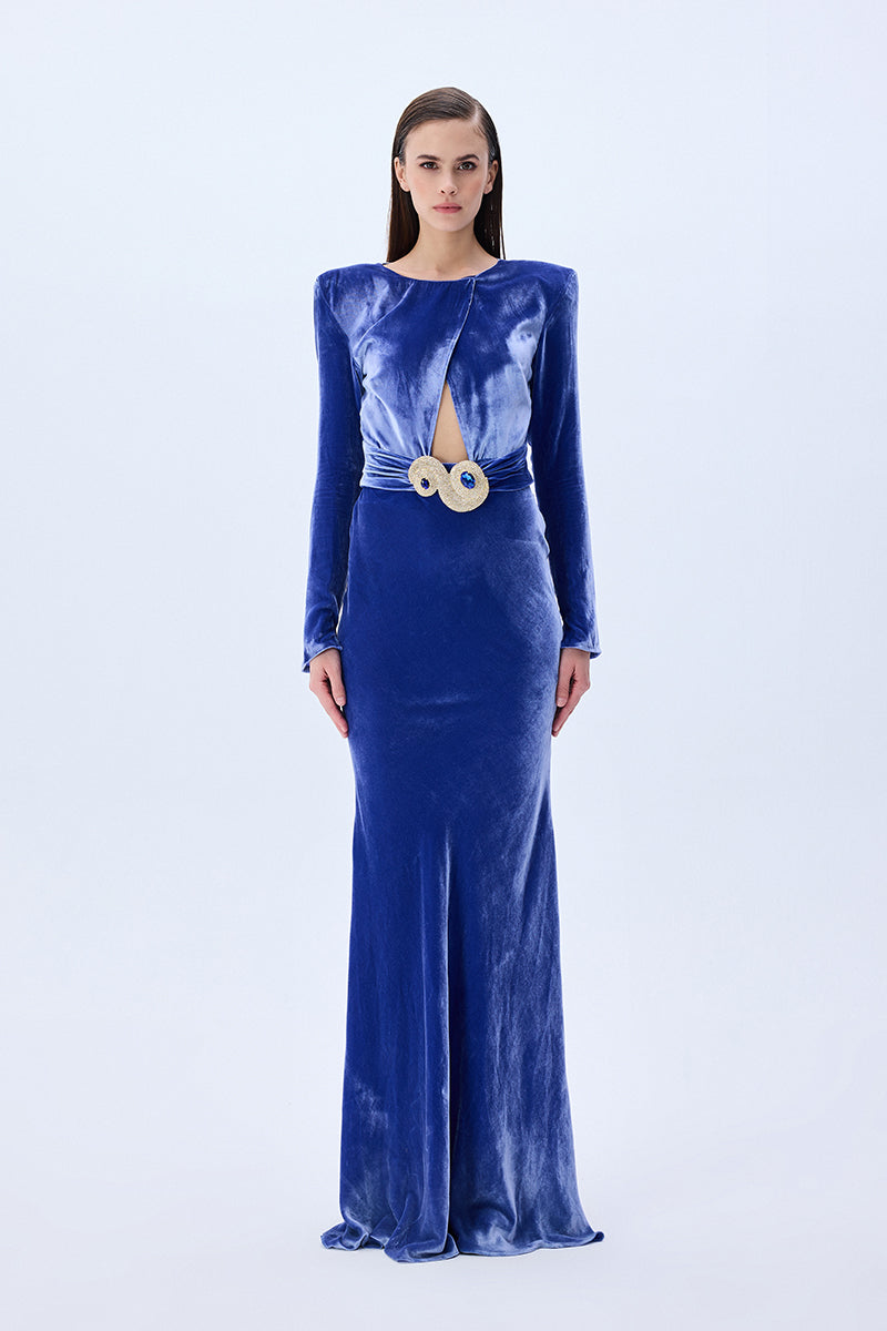 Indigo Velvet Maxi Dress With Cutout Detail And Cyrstal Belt RAISA VANESSA INT Indigo Velvet Maxi Dress With Cutout Detail And Cyrstal Belt RAISA VANESSA INT