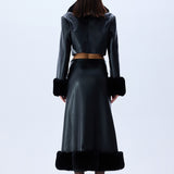 Black Leather Crop Jacket With Fur Finishing And Black Velvet Embroidery