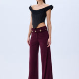 Burgundy Suede Wide Leg Pants With RV Stamped Button Detailed Belt
