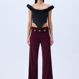 Burgundy Suede Wide Leg Pants With RV Stamped Button Detailed Belt