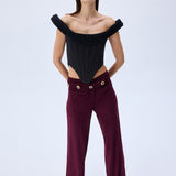 Burgundy Suede Wide Leg Pants With RV Stamped Button Detailed Belt