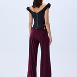 Burgundy Suede Wide Leg Pants With RV Stamped Button Detailed Belt