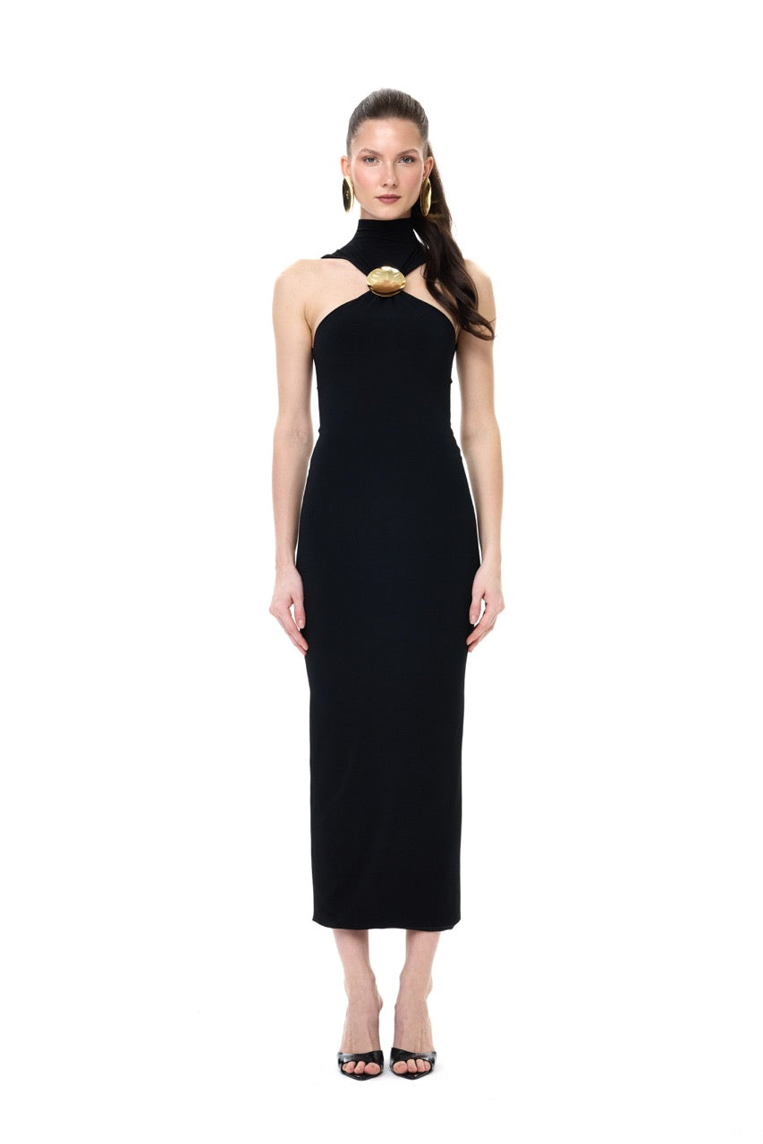 black jersey halter dress Neck Midi With Gold Metallic Button – RAISA VANESSA INT Halter midi dress