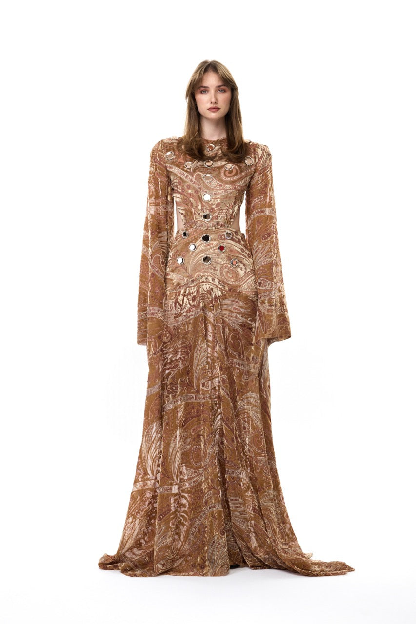 Beige Velvet Flare Sleeved Gown With Chiffon Print And Mirror Embellis – RAISA VANESSA INT