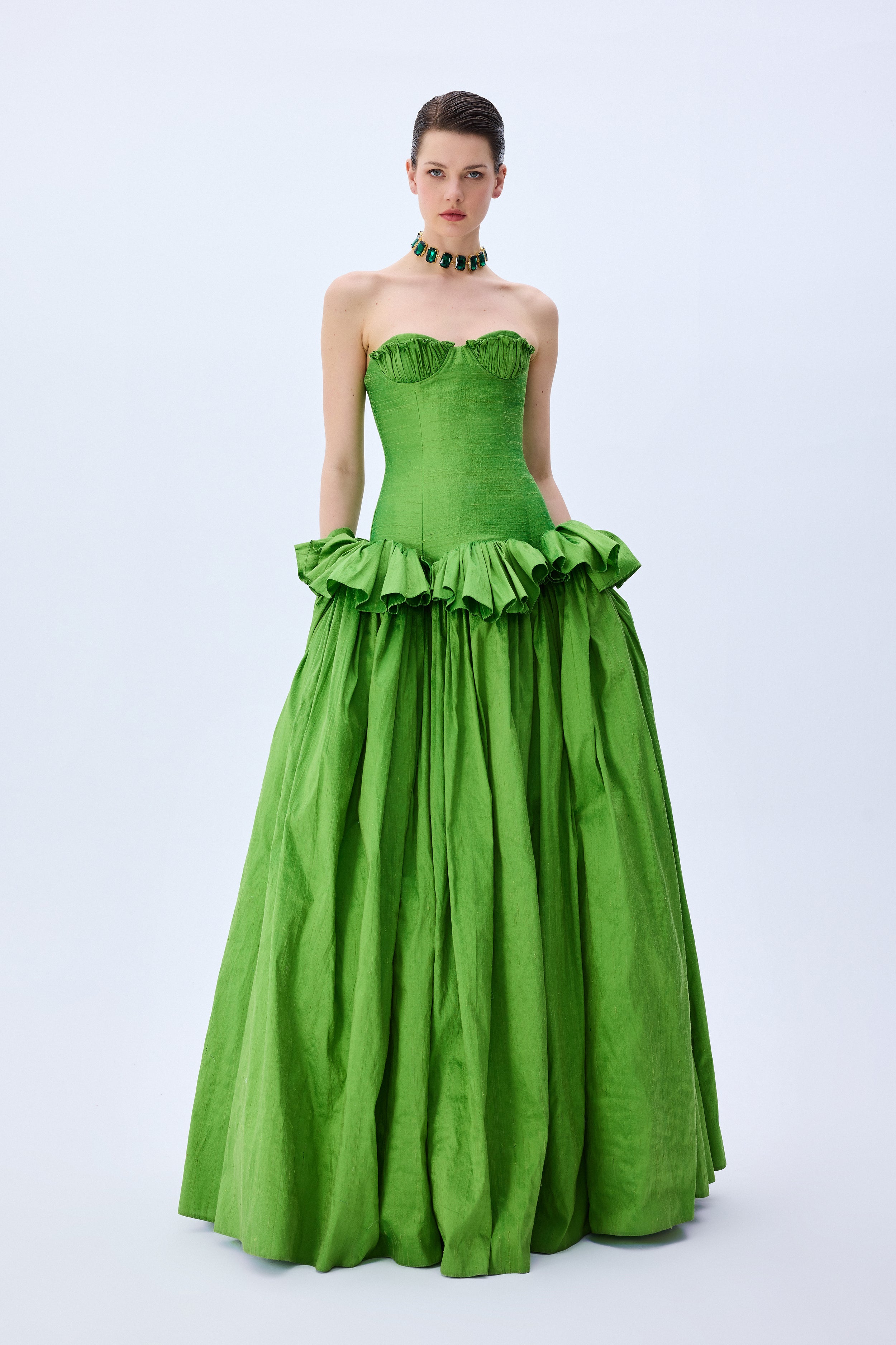Pistachio Green Silk Shantung Corseted Ball Gown RAISA VANESSA INT Pistachio Green Silk Shantung Corseted Ball Gown RAISA VANESSA INT