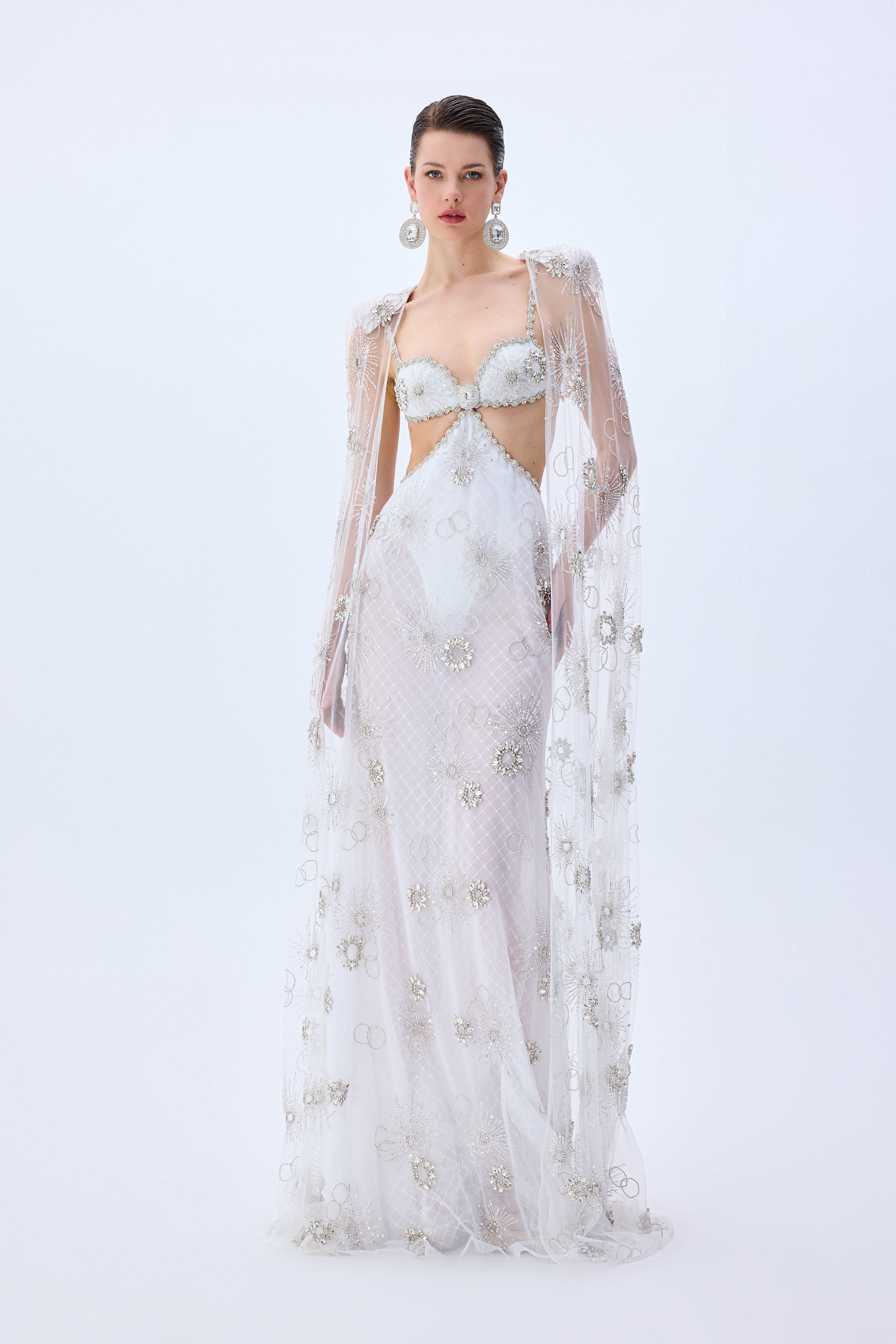 white christmas dresses Crystal Emboridered Tulle Cut Out Gown With Crystal Stoned Borders – RAISA  VANESSA INT