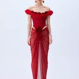 Red Corseted Cowl Neckline Gown With Velvet Roses, Polka Dot Tulle And Stick Stones