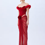 Red Corseted Cowl Neckline Gown With Velvet Roses, Polka Dot Tulle And Stick Stones