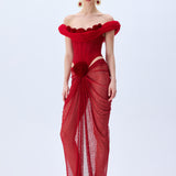 Red Corseted Cowl Neckline Gown With Velvet Roses, Polka Dot Tulle And Stick Stones