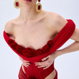Red Corseted Cowl Neckline Gown With Velvet Roses, Polka Dot Tulle And Stick Stones