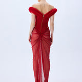 Red Corseted Cowl Neckline Gown With Velvet Roses, Polka Dot Tulle And Stick Stones