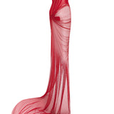 Red Corseted Cowl Neckline Gown With Velvet Roses, Polka Dot Tulle And Stick Stones