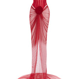 Red Corseted Cowl Neckline Gown With Velvet Roses, Polka Dot Tulle And Stick Stones