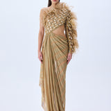 Brode Lace One Shouldered Gown With Big Crystals, Feathers And A Chiffon Skirt With Stick Stones