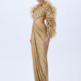 Brode Lace One Shouldered Gown With Big Crystals, Feathers And A Chiffon Skirt With Stick Stones