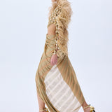 Brode Lace One Shouldered Gown With Big Crystals, Feathers And A Chiffon Skirt With Stick Stones