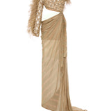 Brode Lace One Shouldered Gown With Big Crystals, Feathers And A Chiffon Skirt With Stick Stones