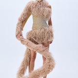 Baguette Crystal Striped Tulle One Shouldered Mini Dress With Feathers